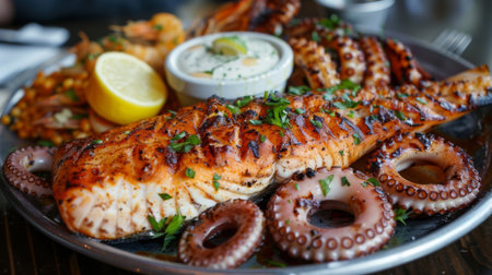 A seafood platter with grilled fish, calamari rings, and octopus tentacles, served with aioli dipの素材