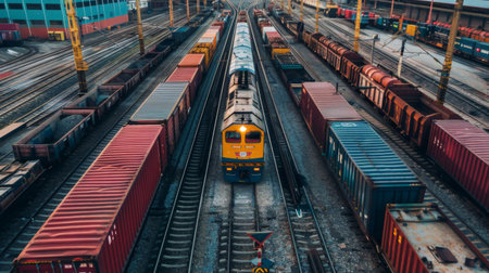 A railway switchyard with freight trains lined up on multiple tracks, ready for cargo loadingの素材