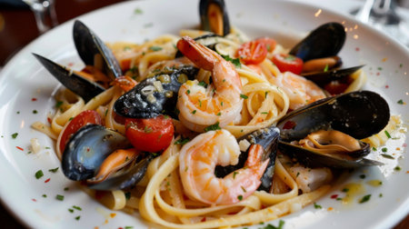 A seafood pasta dish with linguine, shrimp, mussels, and cherry tomatoes in a white wine garlic sauceの素材