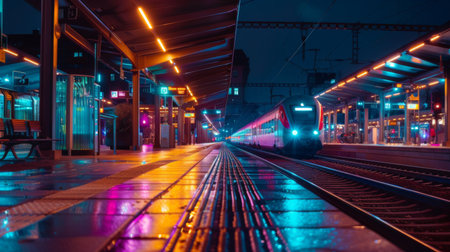 A railway station at night, with colorful lights and a train approaching the platform aの素材