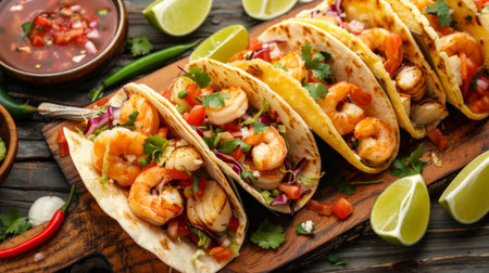 A seafood taco platter with fish tacos, shrimp tacos, and scallop ceviche, served with salsa and lime wedgesの素材