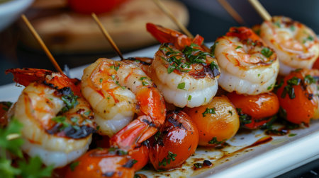 A seafood kebab skewer with marinated shrimp, scallops, and cherry tomatoes, grilled to perfectionの素材