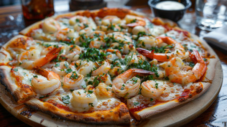 A seafood pizza with lobster tail, shrimp, scallops, and mozzarella cheese on a thin crustの素材