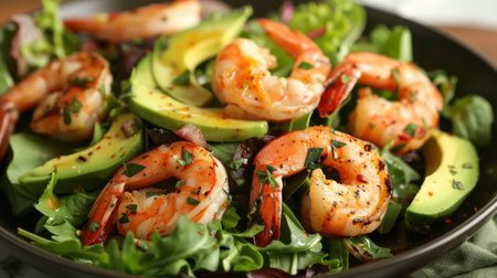 A seafood salad with mixed greens, grilled shrimp, avocado slices, and a citrus vinaigrette dressingの素材