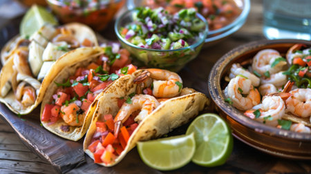 A seafood taco platter with fish tacos, shrimp tacos, and scallop ceviche, served with salsa and lime wedgesの素材