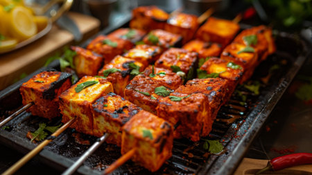 A tray of homemade paneer tikka skewers marinated in yogurt and spices, grilled to perfectionの素材