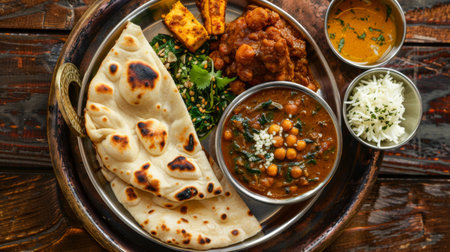 A traditional Punjabi thali with butter naan, palak paneer, chana masala, and mango pickleの素材