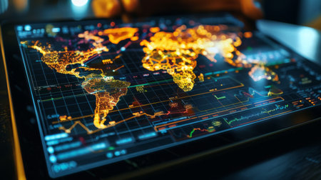 A tablet displaying a heat map graph visualizing global gold reserves and mining locationsの素材