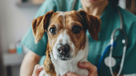 A veterinary nurse comforting a nervous dog during a physical examination at a clinicの素材