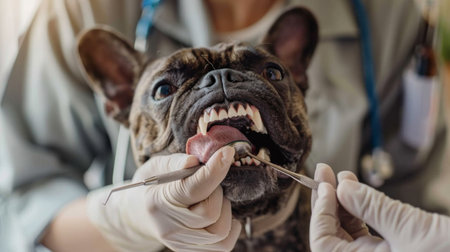 A veterinarian examining a dog's teeth with a dental tool, ensuring oral health and hygieneの素材