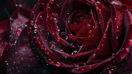 Close-up of raindrops on the velvety petals of a deep red rose, symbolizing love and passionの素材