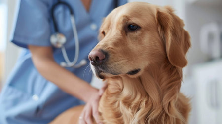 A veterinary nurse comforting a nervous dog during a physical examination at a clinicの素材