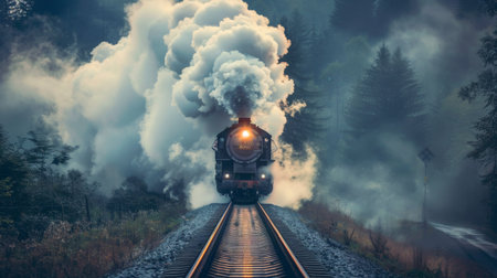 A vintage steam locomotive chugging along a railroad track, emitting puffs of steam and smokeの素材