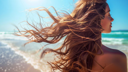 A woman with long wavy hair enjoying a sunny day at the beach, with natural sunlight highlighting her hairの素材