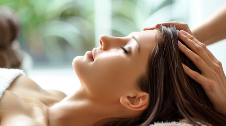 A woman receiving a scalp massage during a hair spa treatment, with hands massaging her head gentlyの素材