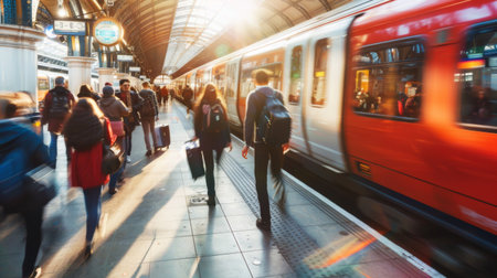 Passengers boarding a modern commuter train at a bustling station platform during rush hourの素材