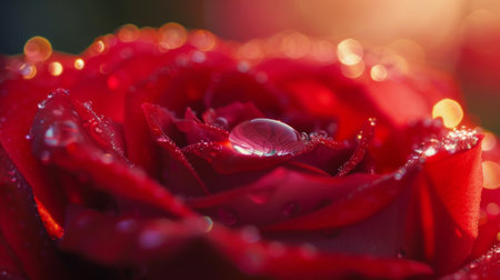 Close-up of a dewdrop glistening on a vibrant red rose petal in the early morning lightの素材