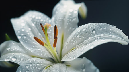 Water droplets on the delicate petals of a lily flower, adding a touch of freshnessの素材