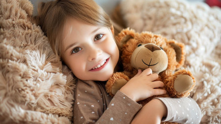 A young girl cuddling her favorite stuffed animal toy, smiling with delight.の素材
