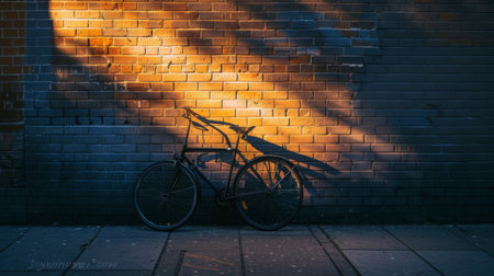 The shadow of a bicycle leaning against a brick wall, illuminated by the warm glow of streetlights at dusk.の素材