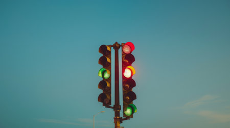 A traffic light pole with multiple lights indicating different directions against a blue sky backdrop.の素材