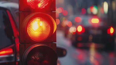 Close-up of a red traffic light with cars stopped at an intersection during rush hour traffic.の素材