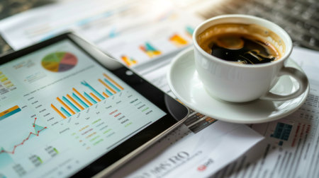 A tablet with financial graphs and charts lying on a desk next to a cup of coffee, illustrating morning market analysisの素材