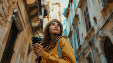 A young woman exploring a historic city center, looking up at ancient buildings and taking photosの素材
