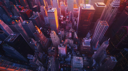 A stunning aerial view of skyscrapers in a bustling metropolis at sunset, with the city lights just starting to glowの素材