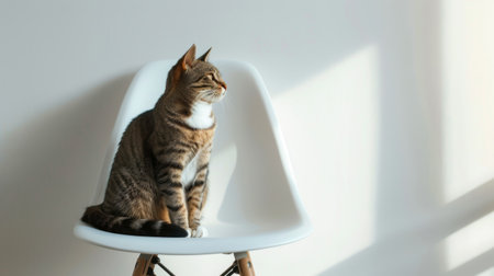 A cat sitting on a minimalist chair, its sleek fur contrasting with the simple, clean lines of the furnitureの素材