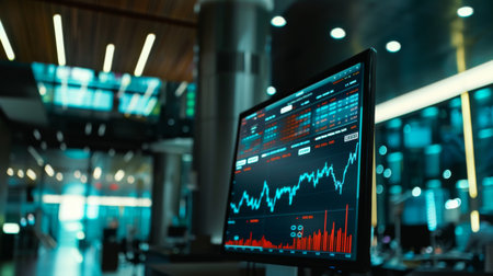 A digital screen in a financial trading room showing live updates of stock prices and market indicesの素材