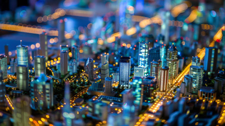A smart city model displaying interconnected wireless devices and networks, highlighting futuristic urban communicationの素材