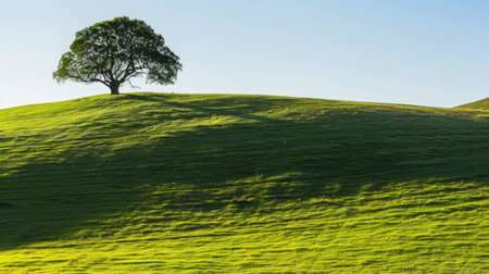 A lone tree casting a long shadow on a grassy hill at dawn, creating a peaceful and tranquil sceneの素材