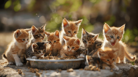 A group of kittens gathered around a communal food bowl, happily munching on their mealの素材