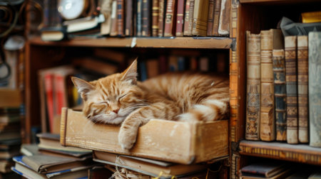 A sleepy cat in a box placed on a bookshelf, blending in with the books and decorationsの素材