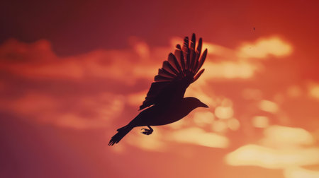 A bird in flight, its silhouette cutting through the orange and pink hues of a twilight skyの素材