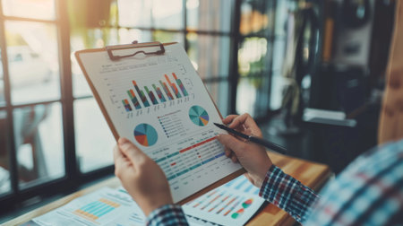 A person holding a clipboard with financial charts and graphs printed on paper, analyzing dataの素材