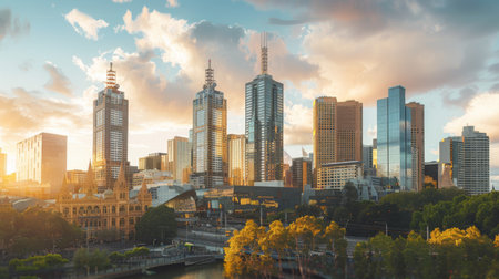 A skyline shot featuring iconic high-rise buildings in the central business district of a major cityの素材