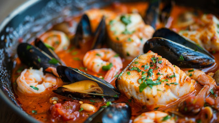 A seafood cioppino with a mix of fish, shrimp, clams, and mussels in a tomato-based brothの素材