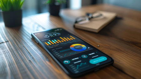 A smartphone displaying a mobile banking app with graphical representations of expenses and incomeの素材