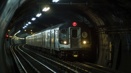 A commuter train passing through a tunnel, with lights illuminating the dark interiorの素材