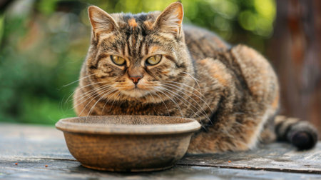 A chubby cat sitting next to its food bowl, waiting patiently for dinner with an eager lookの素材