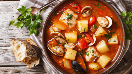 A seafood stew with tomatoes, potatoes, cod, and clams, simmered in a flavorful brothの素材