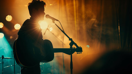 A musician playing a guitar, their silhouette cast against a wall illuminated by stage lightsの素材
