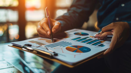 A person holding a clipboard with financial charts and graphs printed on paper, analyzing dataの素材