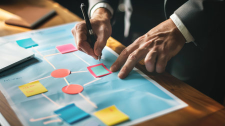 A business strategy session with a focus on a flowchart diagram depicting workflow optimization in logisticsの素材
