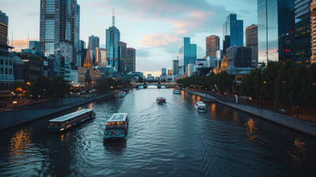 A bustling city skyline featuring tall buildings along a river, with boats cruising by.の素材