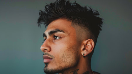 A close-up of a man with a trendy fade haircut and styled with pomade, looking sharp and modernの素材