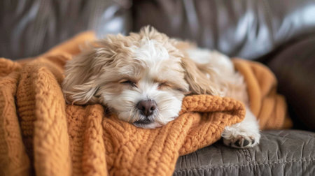 A fluffy puppy cuddled up in a cozy blanket on a couch, looking sleepy and content.の素材
