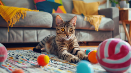 A cat playing with toys in a well-decorated living room, toys scattered around.の素材